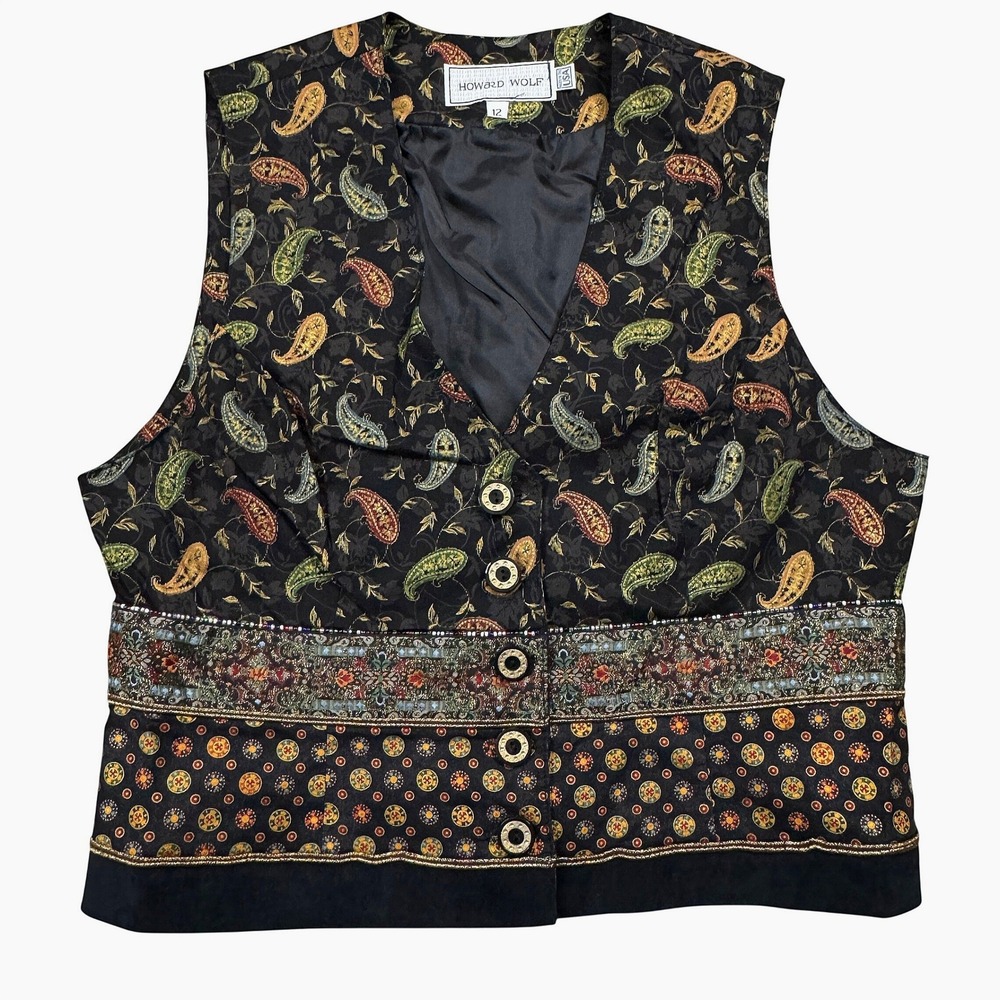 Vintage Howard Wolf Paisley Vest‎ Women's Size 12 Black Gold Red Green Blue Boho
